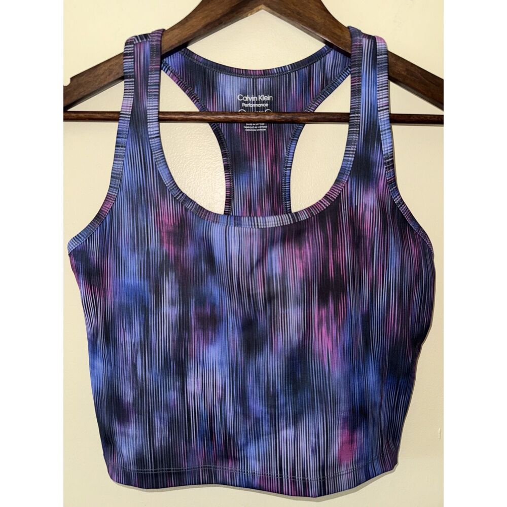 Calvin Klein Performance Space Dye Crop Sports Bra Tank Racerback Purple Medium